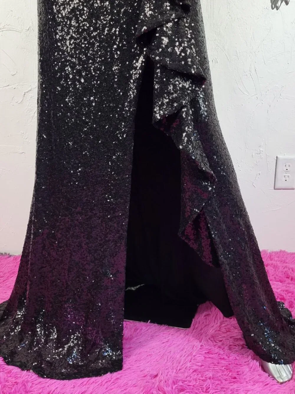 NWT~$595~TADASHI SHOJI~M~BLACK SEQUIN SLIT RUFFLE RUCHED PROM EVENING MAXI DRESS